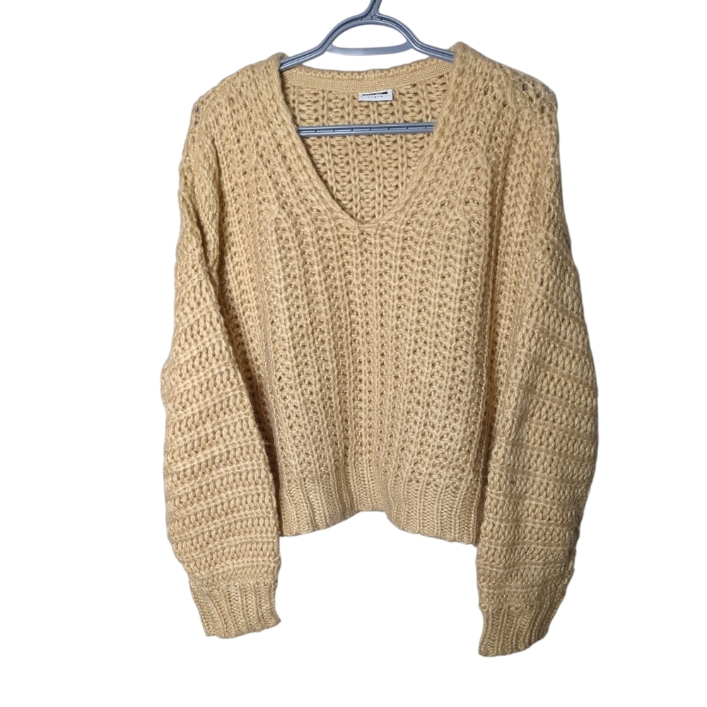 Noisy May Steve Cable Knit V Neck Sweater Loose Knit Camel Size Medium Oversized